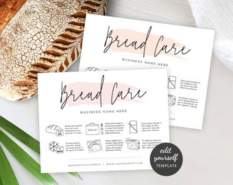 Bread Care Card Template, Custom Loaf of Bread Storage Instructions, Pink Watercolor, Modern Bakery Care Guide, Digital Download, PW-001