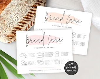 Op de afbeelding: Twee printbare kaarten met een roze en wit ontwerp die instructies geven over het bewaren en verzorgen van brood. De kaarten bevatten de tekst "Bread Care" en "Business Name Here".