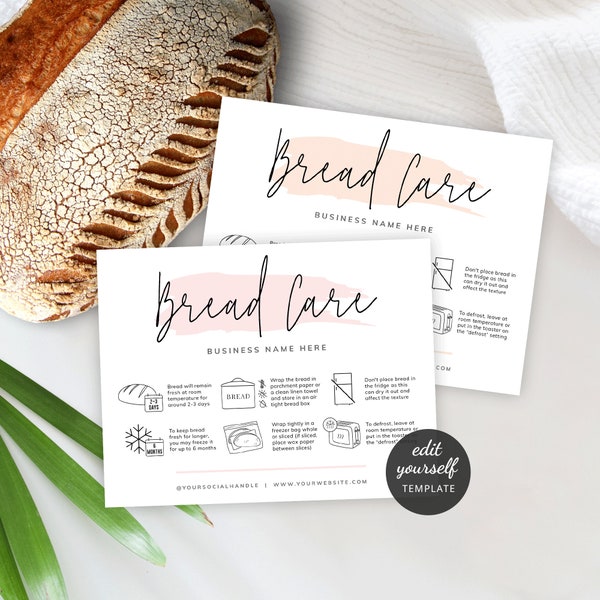 Bread Care Card Template, Custom Loaf of Bread Storage Instructions, Pink Watercolor, Modern Bakery Care Guide, Digital Download, PW-001