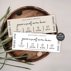 Boho Event Ticket Vorlage, Business Party Eintrittspass, Firmenticket Beige & Weiß, druckbares Herbstfestival-Eintrittstoken, Instant B02