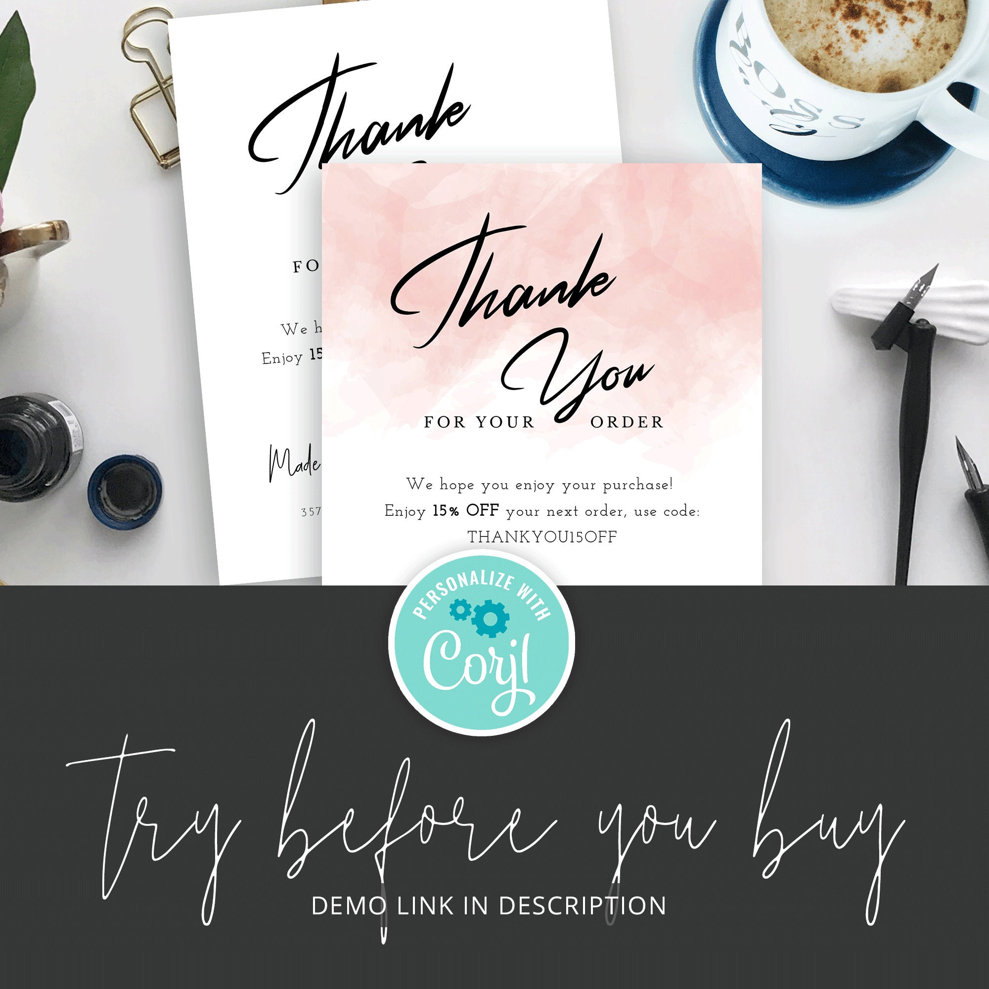 Editable Thank You for Order Cards, Printable Thank You Card Template ...