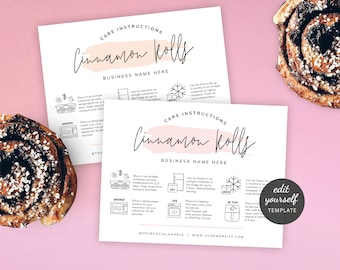 Peut inclure: Deux cartes d'instructions d'entretien imprimables pour les rouleaux à la cannelle sur fond rose. Les cartes présentent une illustration en noir et blanc d'un rouleau à la cannelle, d'un flocon de neige, d'un four à micro-ondes, d'un réfrigérateur et d'une friteuse à air. Le texte sur les cartes indique "Instructions d'entretien Rouleaux à la cannelle Nom de l'entreprise ici".