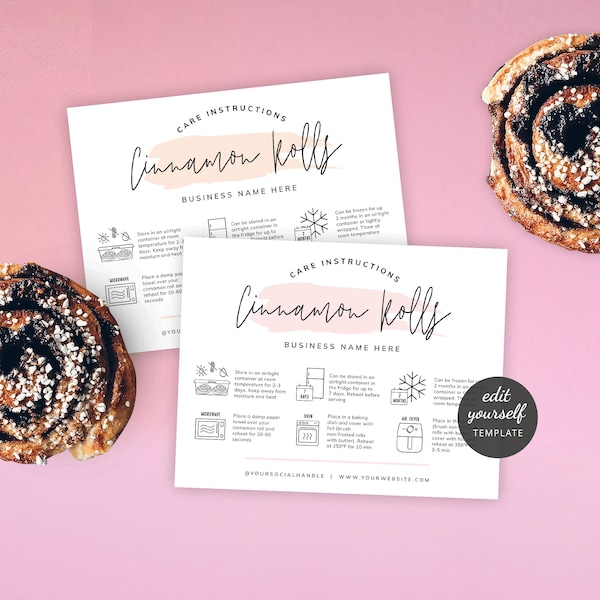 Cinnamon Rolls Care Card Template, Printable Cinnamon Buns Storage and Reheating Instructions, Pink Watercolor Bakery Chef Guide, PW-001