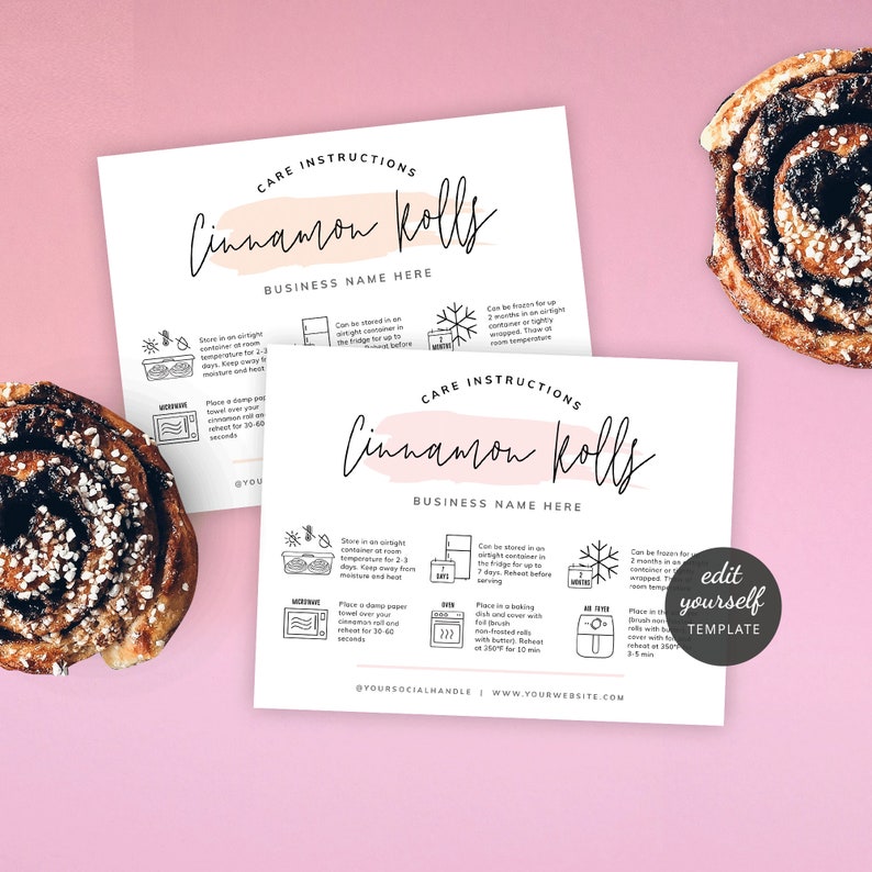 Cinnamon Rolls Care Card Template, Printable Cinnamon Buns Storage and Reheating Instructions, Pink Watercolor Bakery Chef Guide, PW-001 image 1