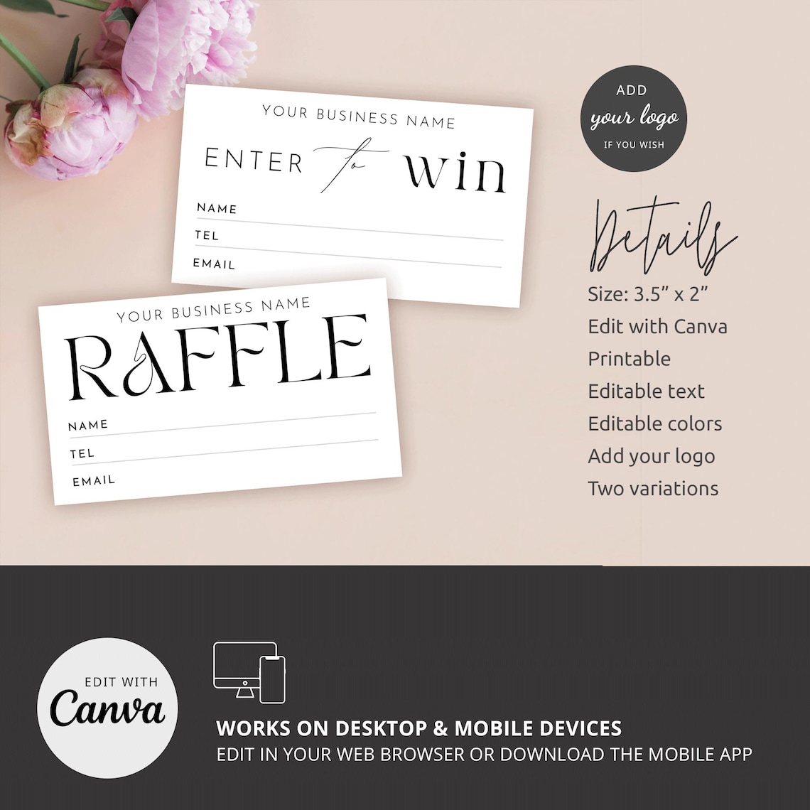 Printable Raffle Entry Custom Raffle Ticket Canva Template, Minimalist Enter to Win Cards ...