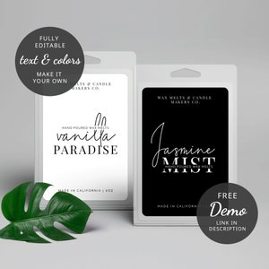 May include: Two wax melt labels with black text on a white background and white text on a black background. The labels are for "vanilla paradise" and "jasmine mist" wax melts. The labels are made in California and are 8 oz.
