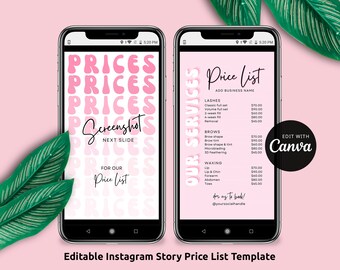 Puede incluir: Una plantilla de historia de Instagram rosa y blanca para una lista de precios. La plantilla presenta un fondo rosa con texto blanco y un gráfico de la palabra "PRICES" en una fuente retro. La plantilla incluye una lista de precios para varios servicios de belleza, que incluyen pestañas, cejas, depilación con cera y más. El texto "EDIT WITH CANVA" está en un círculo negro en el lado derecho de la plantilla.