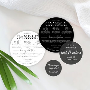 Candle Warning Label Template, Printable Candle Safety Sticker, 1.5" 2" 3" Round Warning Label, Editable Candle Safety Instructions, M-002 image 2
