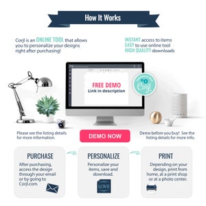May include: A graphic showing how to use Corjl, an online tool to personalize and print designs. The graphic shows a computer screen with a free demo link, a purchase button, a personalize button, and a print button. The graphic also includes text explaining the steps involved in each process.