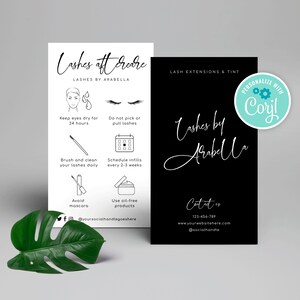 Modèle d'entretien des cils, carte de soin des cils personnalisable, instructions d'entretien des cils, modèle de soin de beauté minimaliste, cartes imprimables, M-003