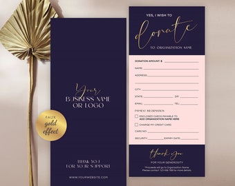 Editable Donation Card Template, Navy & Gold Fundraiser Donor Form, Charity Event Sponsor Card, Elegant Gold Script, Instant Access