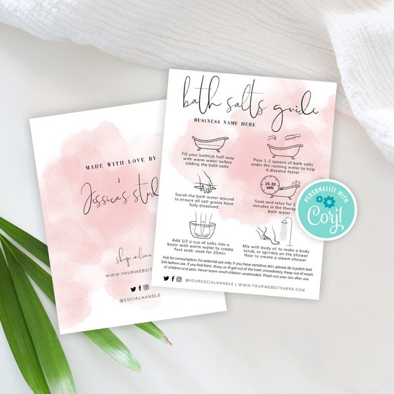 Feminine Bath Salts Care Card, Printable Bathtub Soak Care Guide Template, Epsom Salts Safety Instructions, Custom Bath Salts Care Note WS01