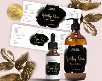 Customizable 1 oz, 2 oz, 4 oz Label Template, Wrap Around Labels, Dropper Bottle Label, DIY Cosmetics Bottle Sticker, Black & Gold, BW-001
