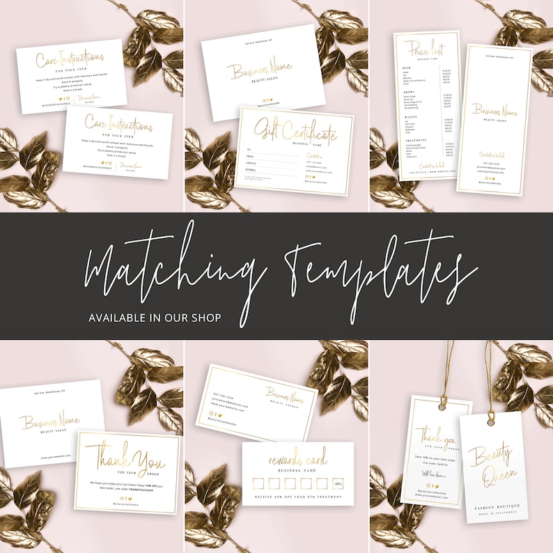 May include: A set of printable templates for a beauty salon business. The templates include a gift certificate, a price list, a thank you card, a rewards card, and a business card. The templates are designed in a minimalist style with gold accents.