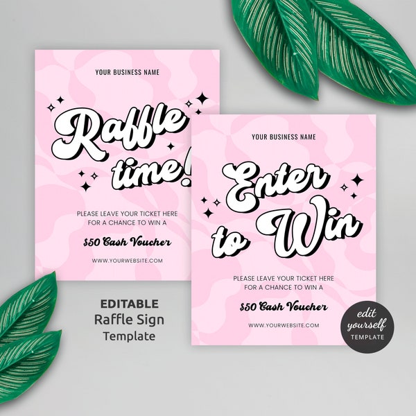 Retro Pink Raffle Sign Template, Groovy Enter To Win Poster 8x10", Feminine Prize Draw Signage for Business, Custom Printable Raffle Signage