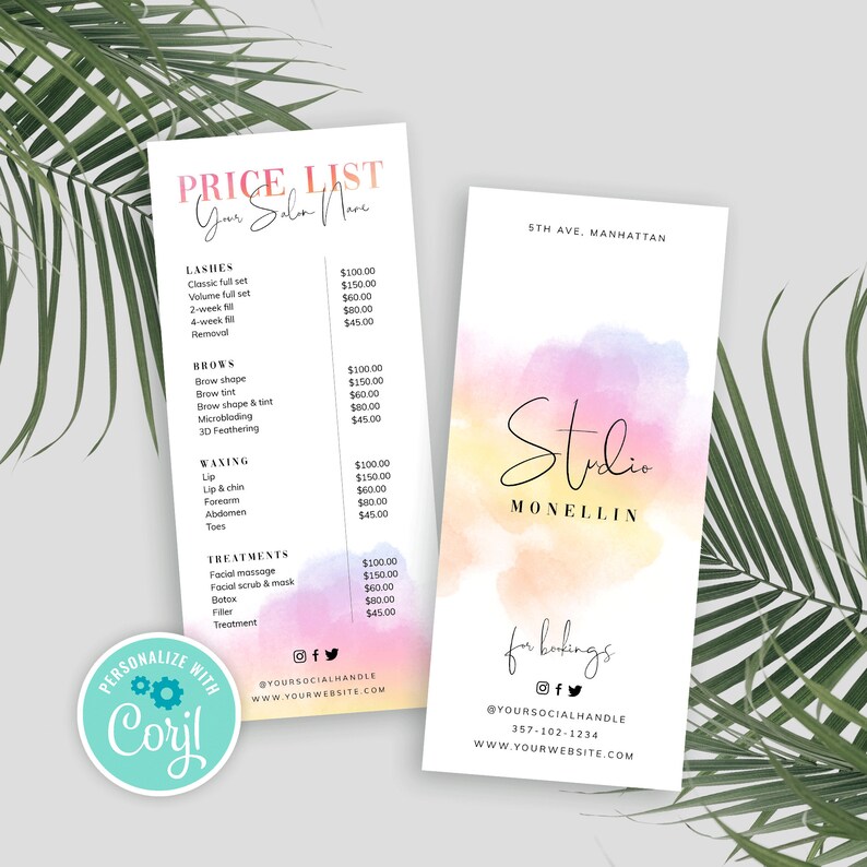 Colorful summer business menu design with tie dye watercolor background. This customizable price list is a rack card size and includes front and back templates with space for your business pricing, business logo and social media links