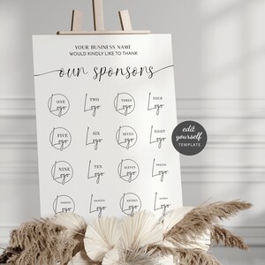 May include: A white sign with the text "Your business name would kindly like to thank our sponsors" at the top. The sign has 16 circles with the numbers 1 through 16 and the word "Logo" written inside each circle.