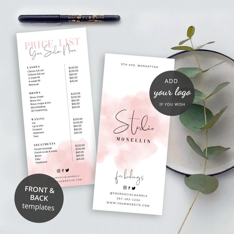 May include: A pink and white watercolor design with the text "Studio Monellin" and the words "Add your logo if you wish". The text "5th Ave, Manhattan" is at the top of the card. The bottom of the card has the text "For bookings" and social media icons.