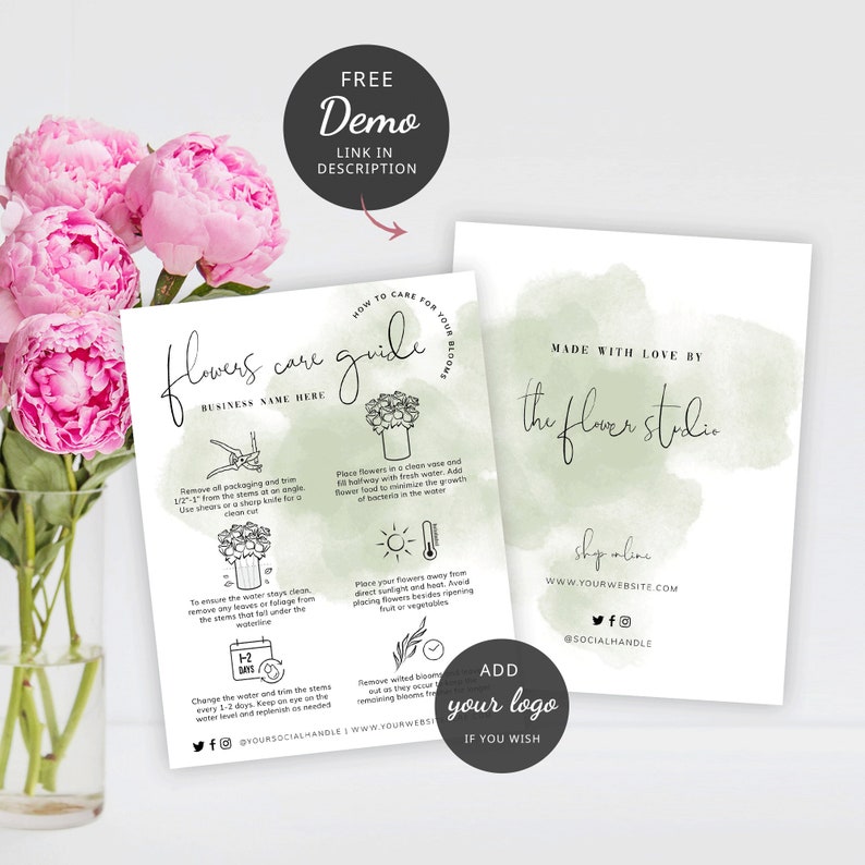 Cut Flowers Care Card Template Editable Florist Bouquet Care Etsy