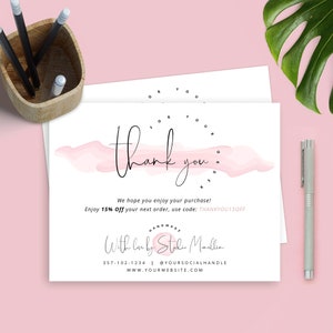 Plantilla de tarjeta de agradecimiento empresarial, tarjetas de agradecimiento imprimibles, diseño de inserción de paquete de agradecimiento por compra con pincel de agua editable, nota elegante