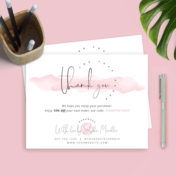 Business Thank You Card Template, Printable Thank You Cards, Editable Waterbrush Thank You For Purchase Parcel Insert Design, Elegant Note