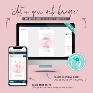 Pode incluir: Um ecr&atilde; de computador e um telem&oacute;vel mostram um modelo de lista de pre&ccedil;os rosa e branco com o texto "Price List" e "Walk-ins are for booking". O texto "Edit in your web browser" &eacute; apresentado acima das imagens. O texto "TRY OUT FOR FREE | DEMO LINK IN DESCRIPTION" &eacute; apresentado abaixo das imagens. O texto "PERSONALIZE WITH Corjl" &eacute; apresentado num c&iacute;rculo com um &iacute;cone de engrenagem. O texto "BASIC TEXT EDITS CAN BE DONE ON A MOBILE OR TABLET" &eacute; apresentado abaixo da imagem do telem&oacute;vel. O texto "COMPREHENSIVE EDITS CAN BE DONE ON A COMPUTER" &eacute; apresentado abaixo da imagem do ecr&atilde; do computador.