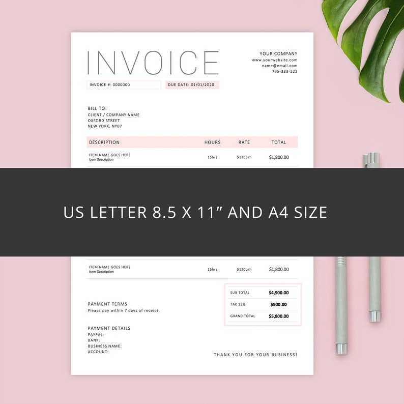 May include: A minimalist invoice template in pink and white with the text "INVOICE" at the top. The invoice includes sections for billing information, description, hours, rate, total, payment terms, and payment details. The invoice is sized for US Letter (8.5 x 11 inches) and A4 paper.