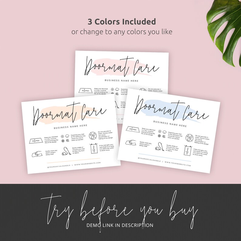 Doormat Flash Card.pdf Editable Doormat Care Card Template, Floor Mat Care Guide, Feminine ...