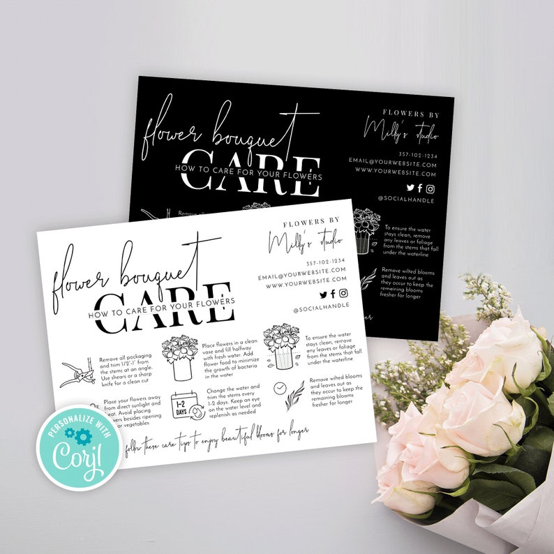 Bouquet of Flowers Care Card Template Editable Florist Care Etsy