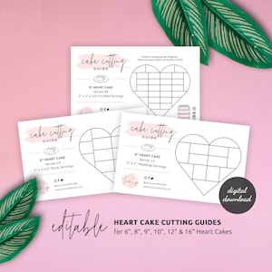 Heart Cake Cutting Guides Template, Custom Cake Serving Instructions, Feminine Watercolor Design, Heart Cake Slicing Diagrams, PW-001