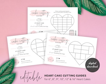 Heart Cake Cutting Guides Template, Custom Cake Serving Instructions, Feminine Watercolor Design, Heart Cake Slicing Diagrams, PW-001