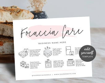Puede incluir: Una tarjeta blanca con un rectángulo rosa en la parte superior que dice "Focaccia Care" en letra cursiva negra. Debajo del título está "BUSINESS NAME HERE" en letra negra. La tarjeta tiene instrucciones para almacenar y recalentar pan focaccia. Las instrucciones están ilustradas con dibujos en blanco y negro. La tarjeta tiene un círculo blanco con texto negro que dice "edit yourself TEMPLATE".