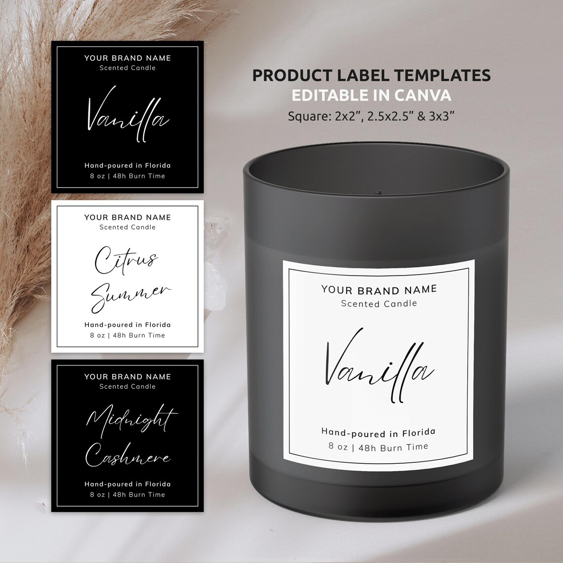 DIY Product Labels Template Canva, Minimalist Square Candle Jar Label ...