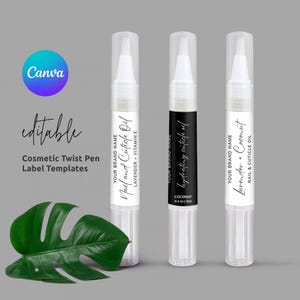 Pode incluir: Três canetas cosméticas com rótulos. Os rótulos dizem "Nail and Cuticle Oil Lavender + Vitamin E", "hydrating cuticle oil Coconut" e "Lavender + Coconut Nail & Cuticle Oil". A imagem também inclui o texto "Cosmetic Twist Pen Label Templates".