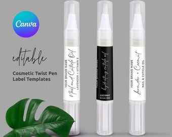 Plantilla de Canva para etiqueta de bolígrafo de aceite para cutículas, etiqueta minimalista personalizable para envoltorio de tubo giratorio de cosméticos, pegatina para bolígrafo de brillo labial, envase de suero para cejas