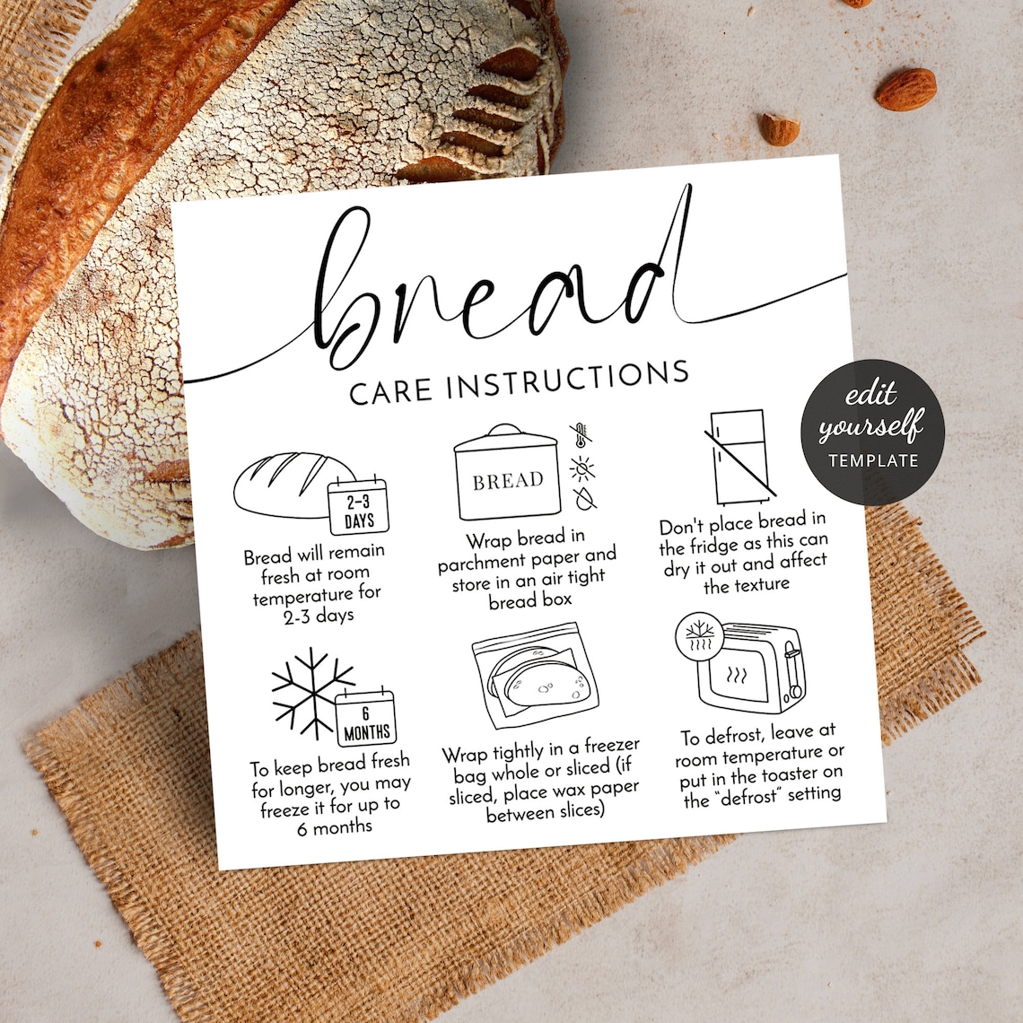 Minimal Bread Care Card Template, Custom Loaf of Bread Storage