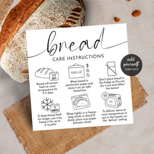 Plantilla de tarjeta minimalista para el cuidado del pan, guía de instrucciones para guardar panes personalizados, blanco y negro, nota imprimible para el cuidado de la panadería (6,35 x 6,35 cm, M-004)