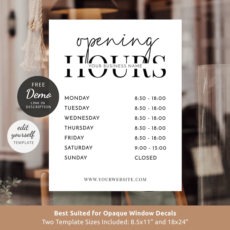 Business Opening Hours Template, Customizable Shop Window Cling ...