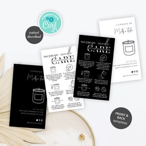 May include: Black and white printable templates for massage candle care instructions. The front template features a candle illustration and the text "massage candle care" with instructions on how to use the candle. The back template features the text "Candles by Milly's Studio" with contact information and social media icons.