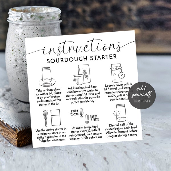 Sourdough Starter Care Card Template, Minimalist Design, Customizable Levain Feeding Instructions, Printable Bread Bakery Guide, M-004