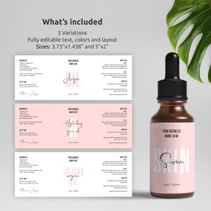 May include: Three printable labels for a bottle of argan oil, hydrating face oil, and jojoba oil. Each label features a pink background with black text and a white outline. The labels include the product name, ingredients, how to use, and benefits. The labels are 3.75 inches by 1.438 inches and 5 inches by 2 inches.