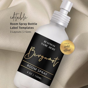 Gold Room Spray Label Template, Custom 1 oz, 2 oz, 4 oz Air Freshener Bottle Wrap Around Sticker, Printable Chic Product Packaging, BGF-01