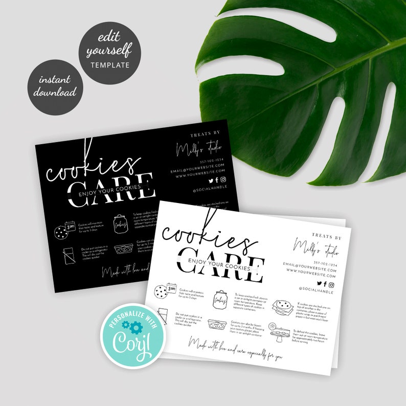 May include: Black and white printable cookie care card with instructions on how to store cookies. The card includes the text "Cookies Care" and "Enjoy Your Cookies".