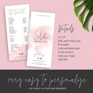 May include: A pink and white watercolor background with the text "Studio Monellin" in black. The text "Details" is in black on a white background. The text "4" x 9" Edit with Corjl.com Printable Fully editable text Front & back Add your logo 300 DPI" is in black on a white background.