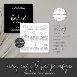May include: Black and white printable digital download for a sourdough starter activation guide. The guide includes instructions and illustrations for activating a dry sourdough starter. The text includes "How to activate dry sourdough starter" and "very easy to personalize".