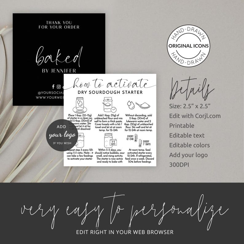 May include: Black and white printable digital download for a sourdough starter activation guide. The guide includes instructions and illustrations for activating a dry sourdough starter. The text includes "How to activate dry sourdough starter" and "very easy to personalize".