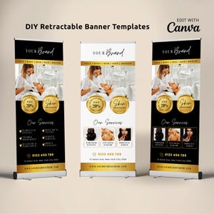 Könnte beinhalten: Drei DIY-Rollbanner-Vorlagen. Jedes Banner zeigt ein Schönheitssalon-Thema mit dem Markennamen, Servicedetails und einem Foto eines Kunden, der eine Gesichtsbehandlung erhält. Die Banner sind schwarz-weiß mit goldenen Akzenten.
