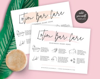 May include: A printable guide with illustrations on how to use a lotion bar. The guide includes the text "Lotion Bar Care" and "Business Name Here".