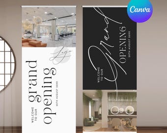 Banner de inauguración con plantilla de Canva para fotos. Letrero de bienvenida retráctil moderno en blanco y negro TM001
