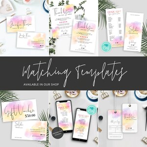 May include: A set of customizable business templates featuring a watercolor background in shades of pink, yellow, and orange. The templates include a thank you card, price list, gift voucher, and business card. The text "Matching Templates" is displayed in a large font at the top of the image.